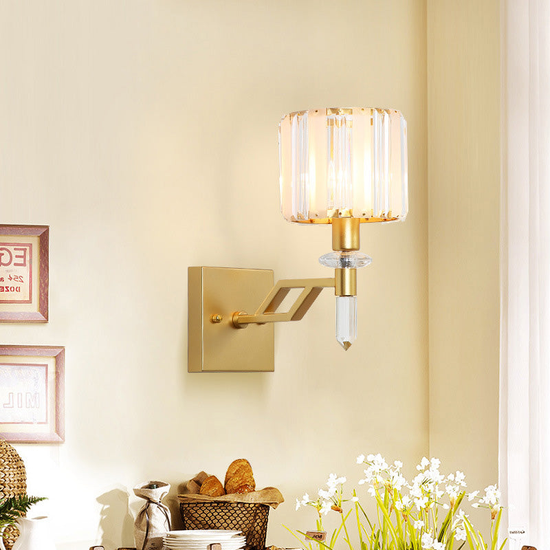 BowLift | Cylindrical Clear Crystal Wall Lamp Modernist Style 1 Light Black/Gold Finish Wall Lighting Fixture with Curved Arm