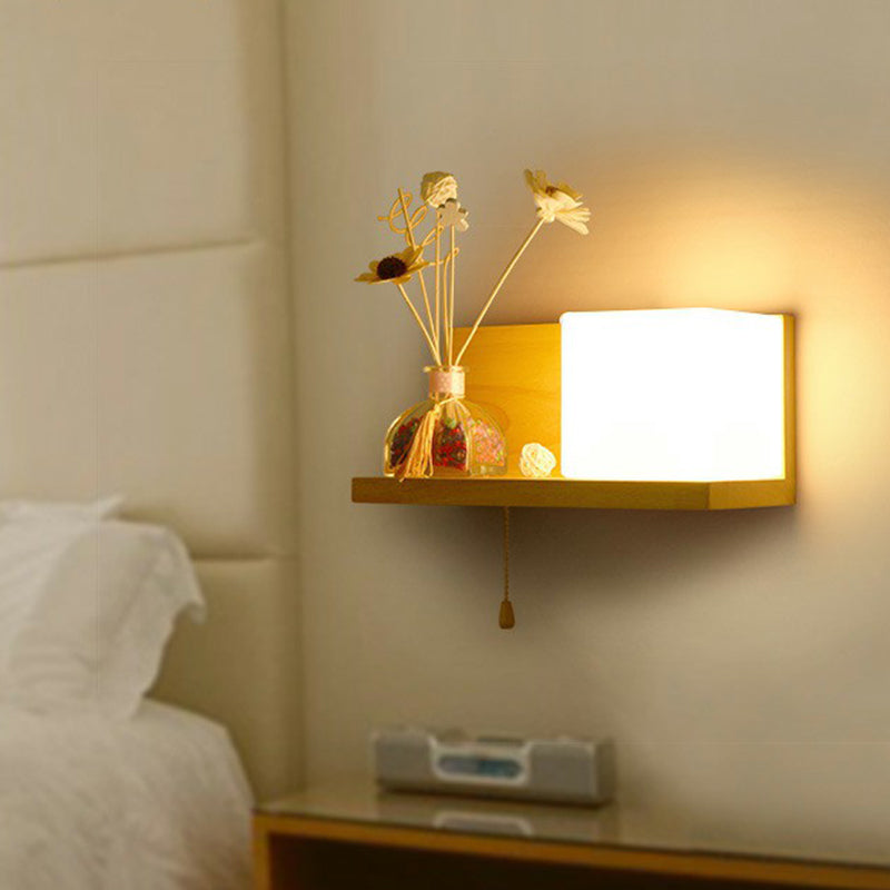 BowLift | Milk glass cube wall lighting Nordic 1-bulb wooden shelf wall lamp with pull chain