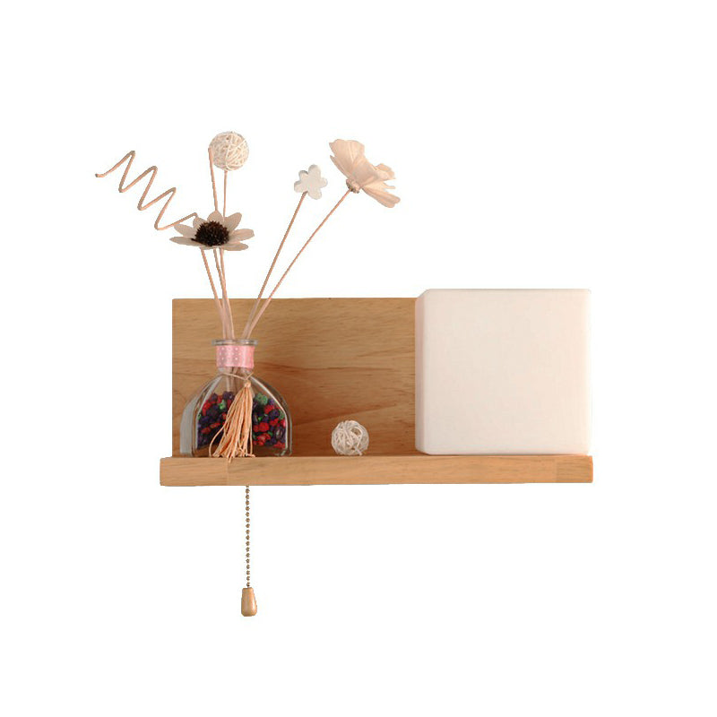 BowLift | Milk glass cube wall lighting Nordic 1-bulb wooden shelf wall lamp with pull chain