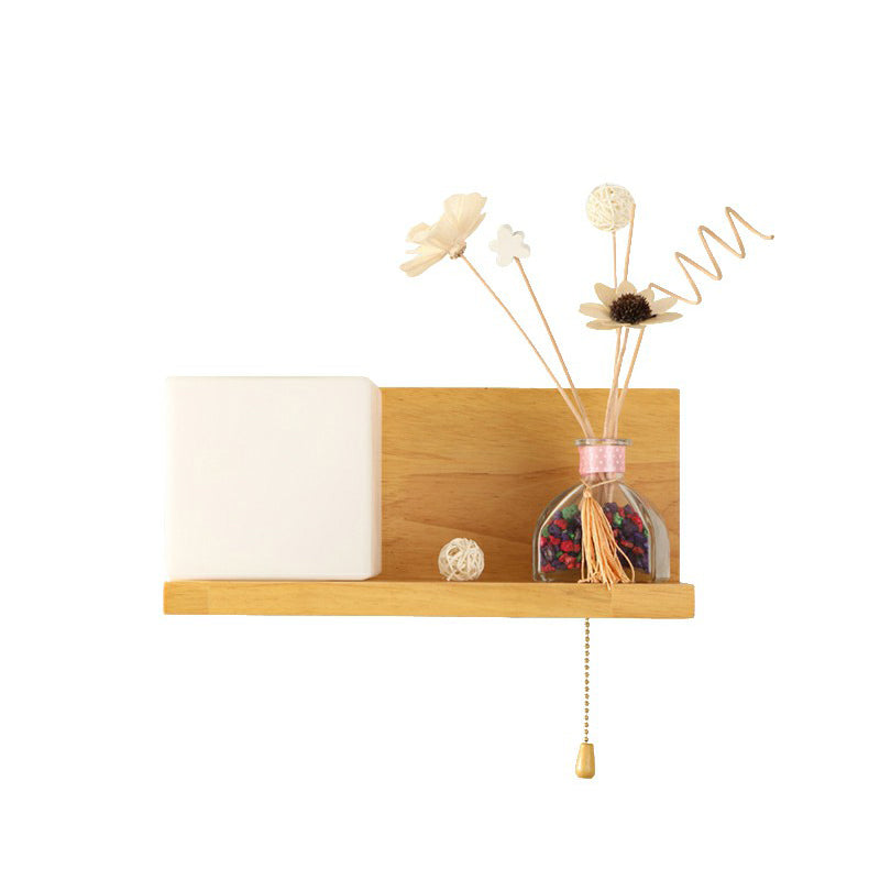 BowLift | Milk glass cube wall lighting Nordic 1-bulb wooden shelf wall lamp with pull chain