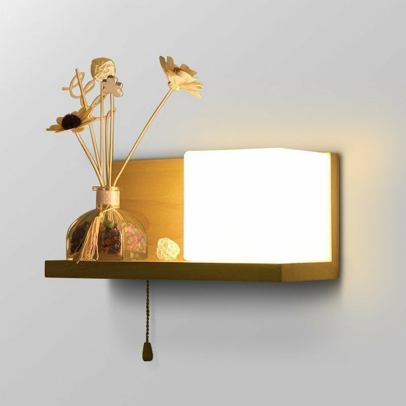 BowLift | Milk glass cube wall lighting Nordic 1-bulb wooden shelf wall lamp with pull chain