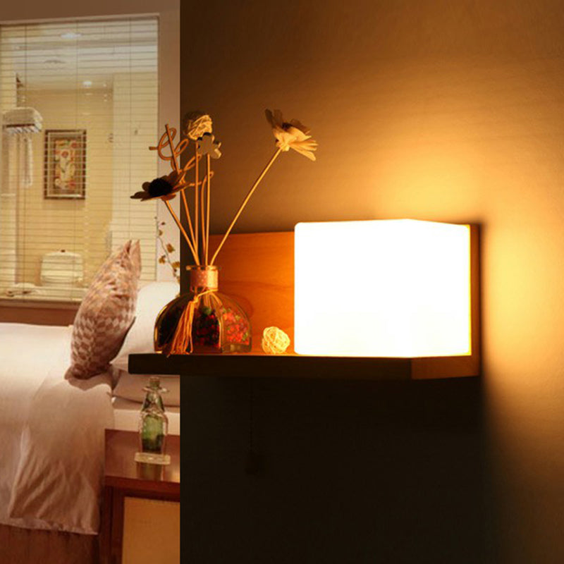 BowLift | Milk glass cube wall lighting Nordic 1-bulb wooden shelf wall lamp with pull chain