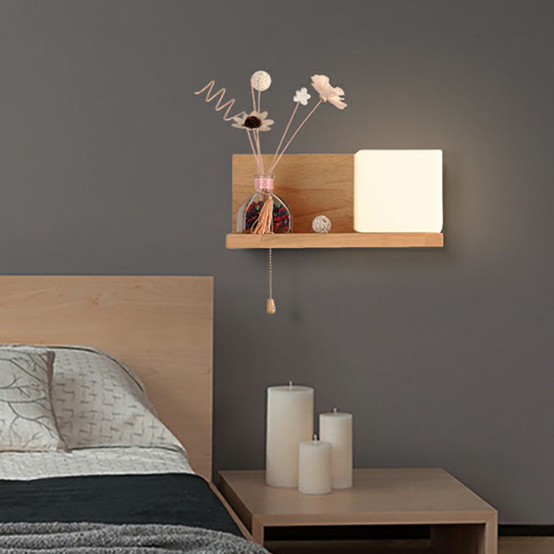 BowLift | Milk glass cube wall lighting Nordic 1-bulb wooden shelf wall lamp with pull chain