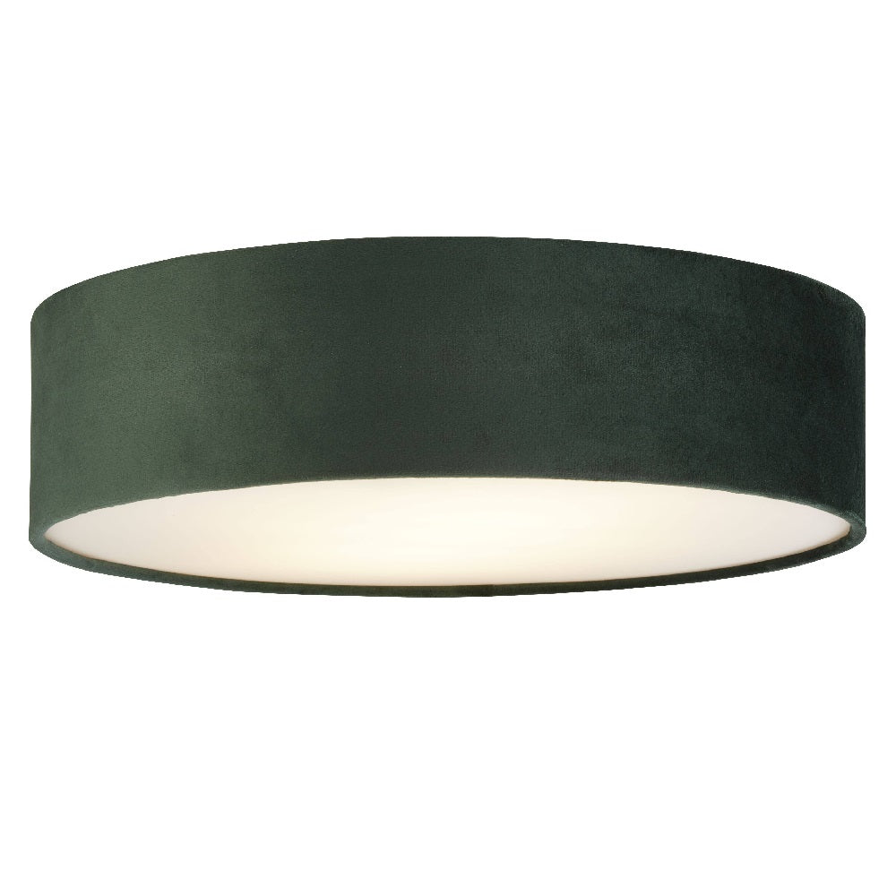 BowLift | Green Velvet & Opal Diffuser Vintage Round Flush Drum Light 38cm
