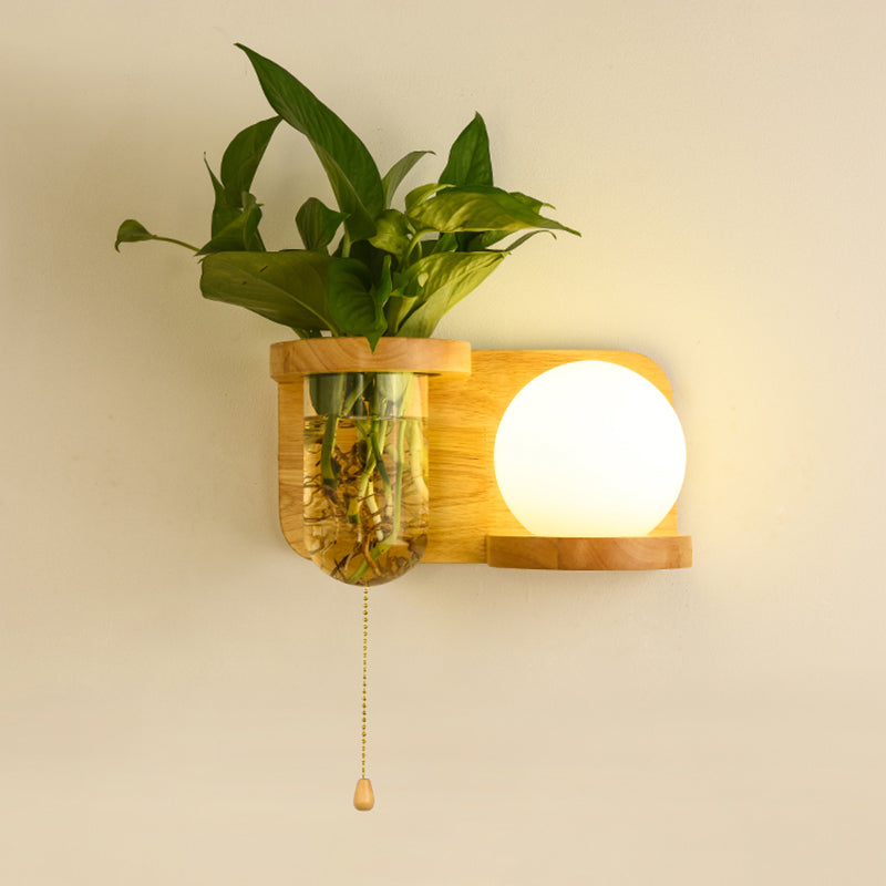 BowLift | Milk Glass Ball Wall Lighting Nordic 1-Light Nightstand Pull Cord Wall Lamp with Wooden Shelf and Planter