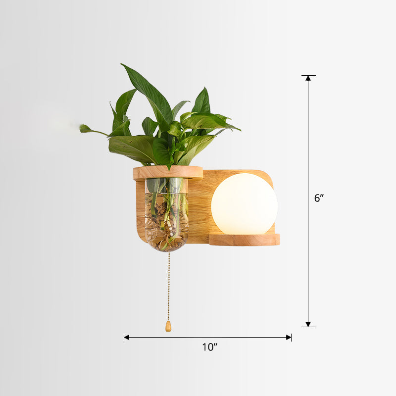 BowLift | Milk Glass Ball Wall Lighting Nordic 1-Light Nightstand Pull Cord Wall Lamp with Wooden Shelf and Planter