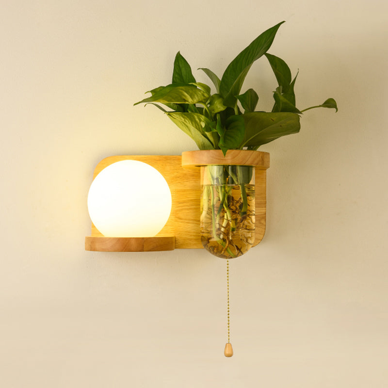 BowLift | Milk Glass Ball Wall Lighting Nordic 1-Light Nightstand Pull Cord Wall Lamp with Wooden Shelf and Planter