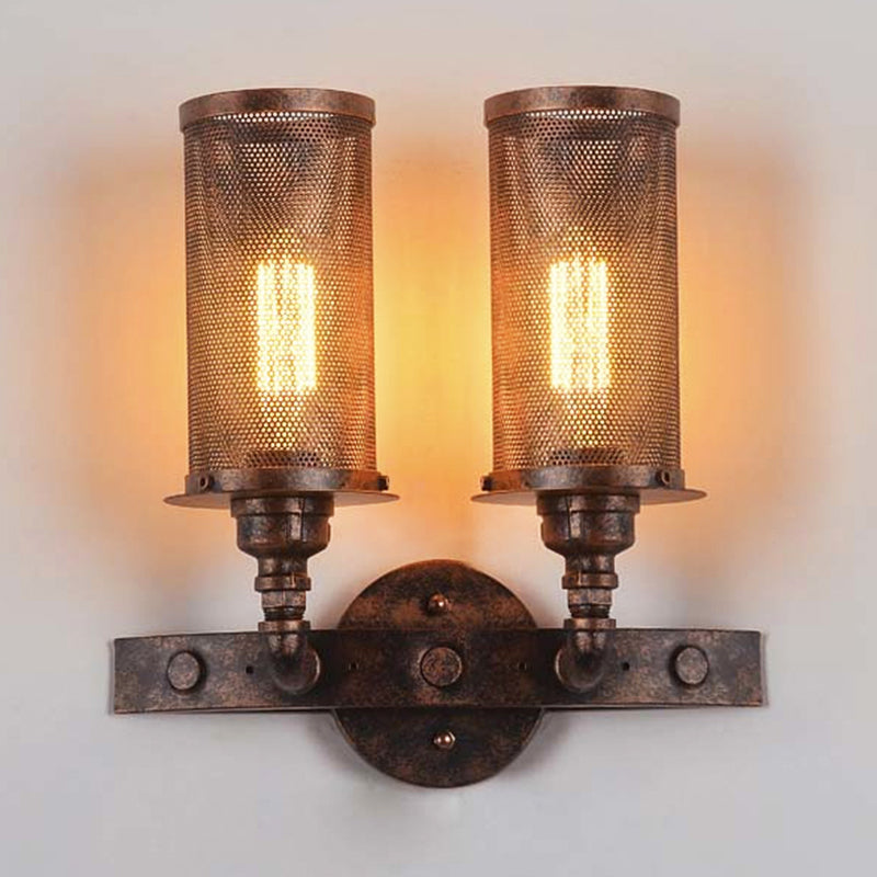 BowLift | Antique style double cylinder wall lamp with mesh shade 2 lights wrought iron wall mount lamp in aged copper