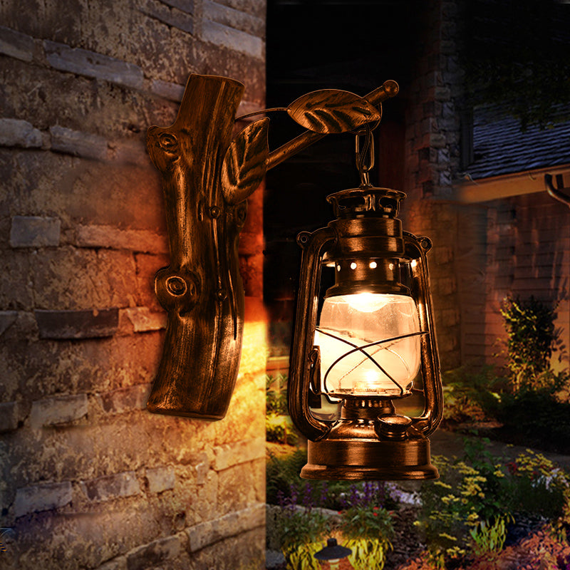 BowLift | Rustic Oil Lantern Wall Lighting 1 Head Clear Glass Wall Lamp in Black for Corridor