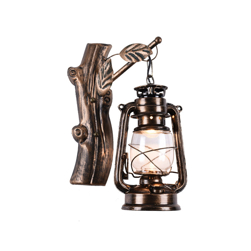 BowLift | Rustic Oil Lantern Wall Lighting 1 Head Clear Glass Wall Lamp in Black for Corridor