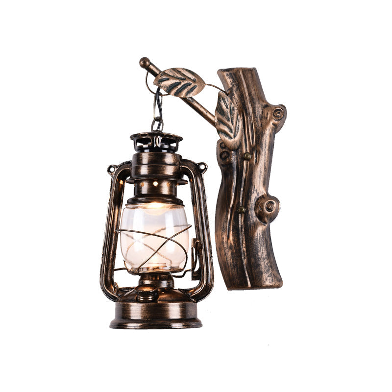 BowLift | Rustic Oil Lantern Wall Lighting 1 Head Clear Glass Wall Lamp in Black for Corridor
