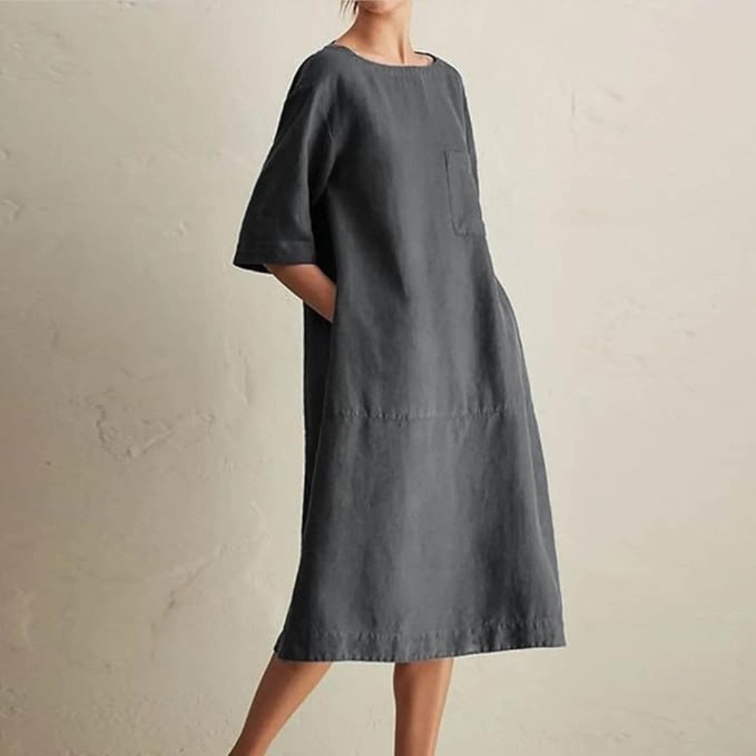Knee-Length Linen Dress with Chest Pocket