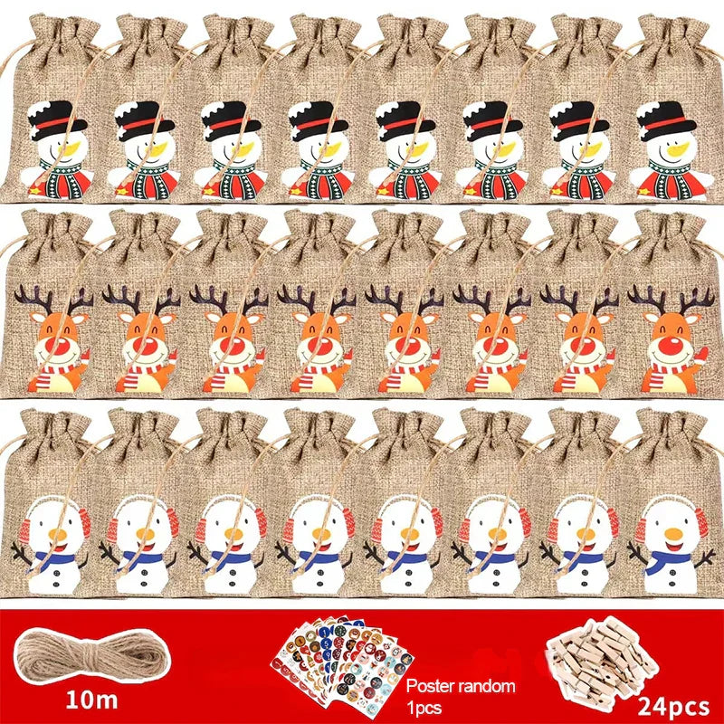 BowLift | HollyTime Adventskalender Set – 24 herbruikbare cadeauzakken met stickers, clips & touw