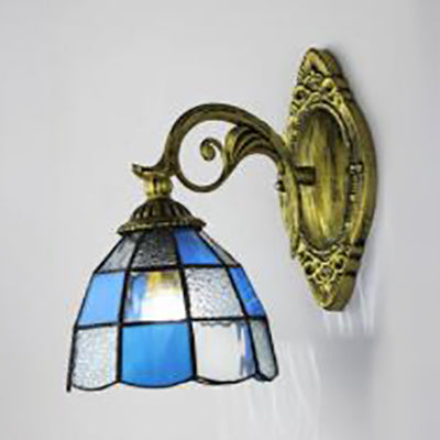 BowLift | Dome Wall Lamp Light Grid Glass 1 Head Tiffany Wall Mount Lighting in White/Blue for Bedroom