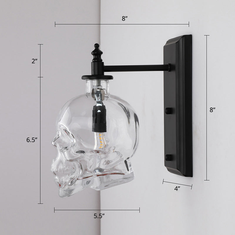 BowLift | Clear Glass Skull Wall Light Art Deco 1 Head Black Wall Lamp for Bedroom