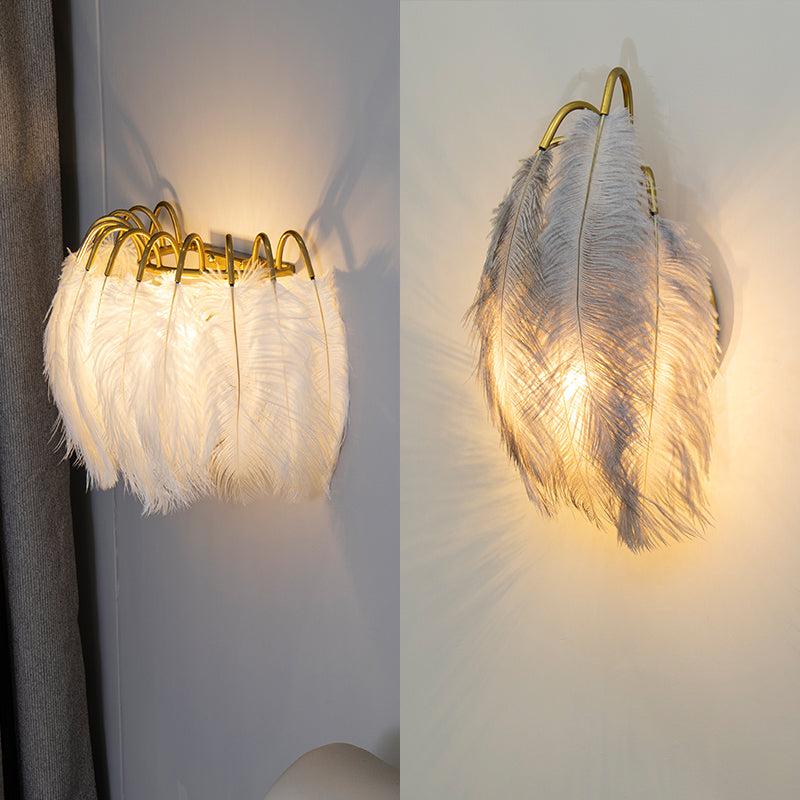 BowLift | 2 Light Modern Metal Wall Sconce Feather Shade Wall Lighting for Bedroom