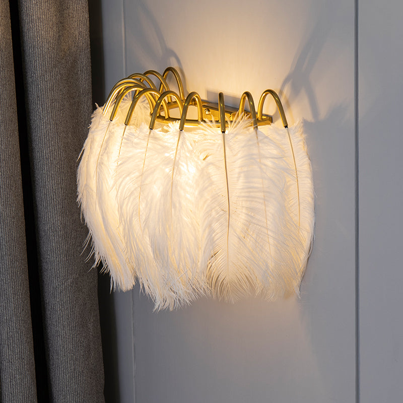 BowLift | 2 Light Modern Metal Wall Sconce Feather Shade Wall Lighting for Bedroom