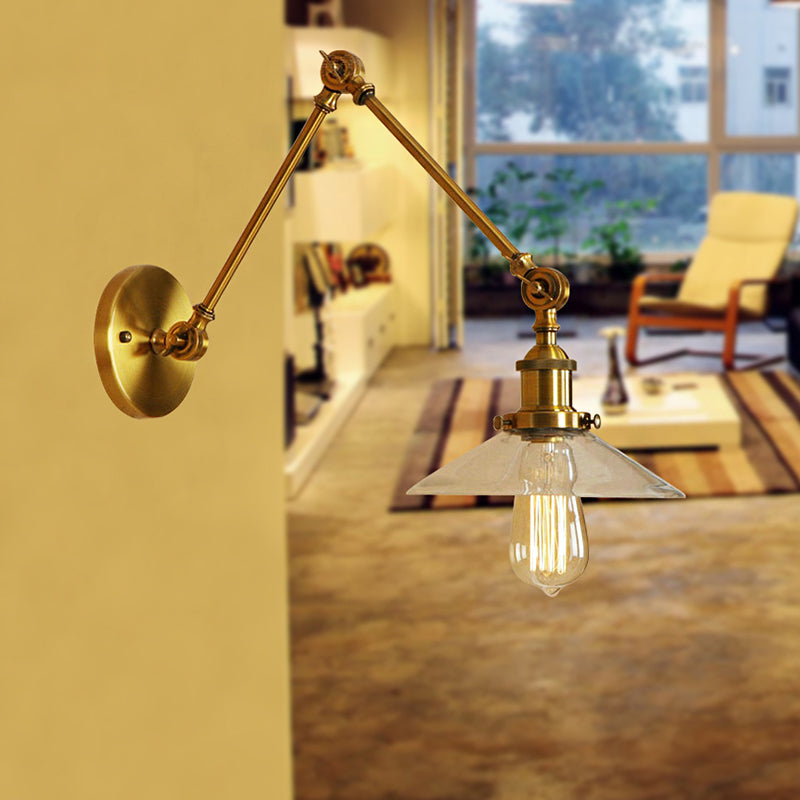 BowLift | Brass Cone Wall Lighting Country House Amber Glass 1 Light Living Room Wall Lamp Fixture