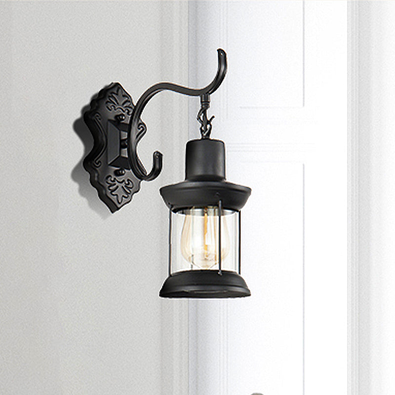 BowLift | Lantern Clear Glass Wall Mounted Lamp Vintage Single Bulb Outdoor Wall Light in Black with Carved Pattern