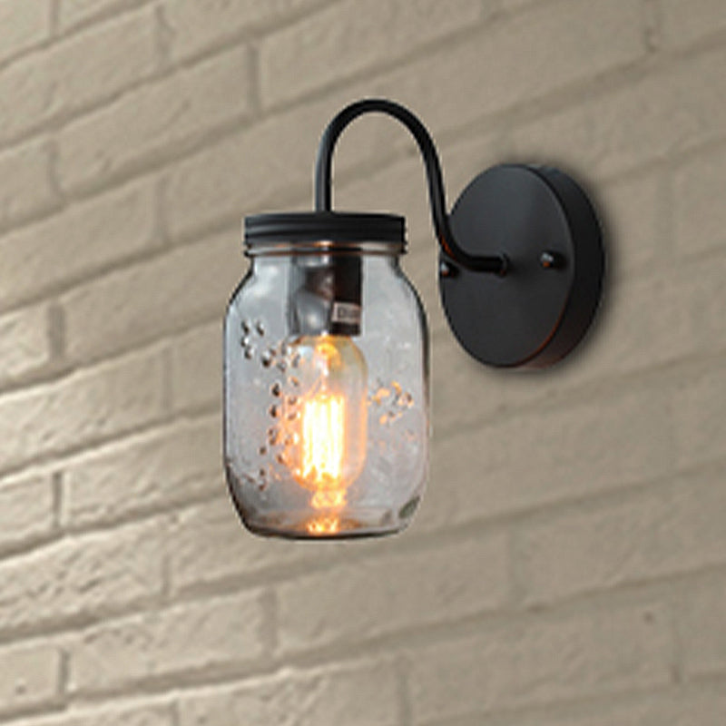 BowLift | Black Jar Shade Wall Lighting Industrial Clear Glass 1 Light Bedroom Wall Lamp with Floral Pattern