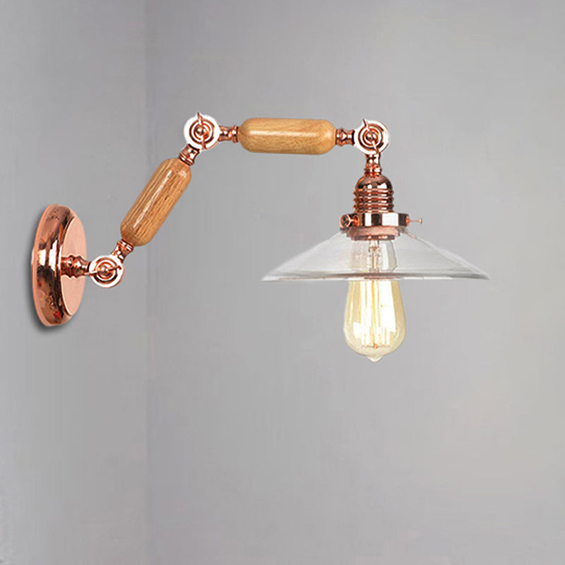 BowLift | Clear Glass Wood Wall Light Cone 1-Light Industrial Wall Lamp with Extendable Arm