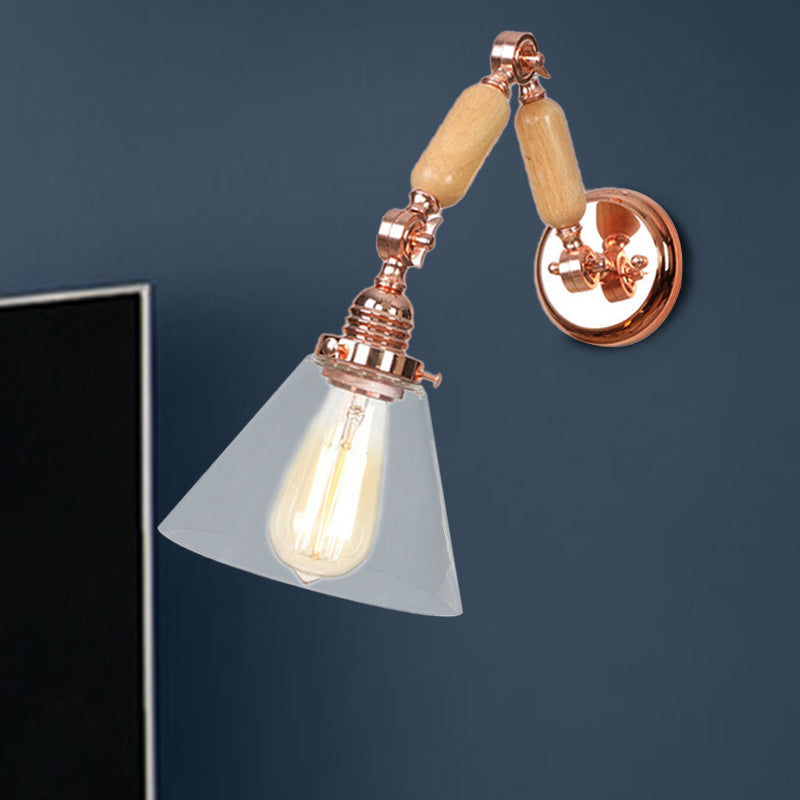 BowLift | Cone Shade Bedroom Wall Lamp Vintage Clear Glass 1 Light Wooden Wall Lamp with Long Arm
