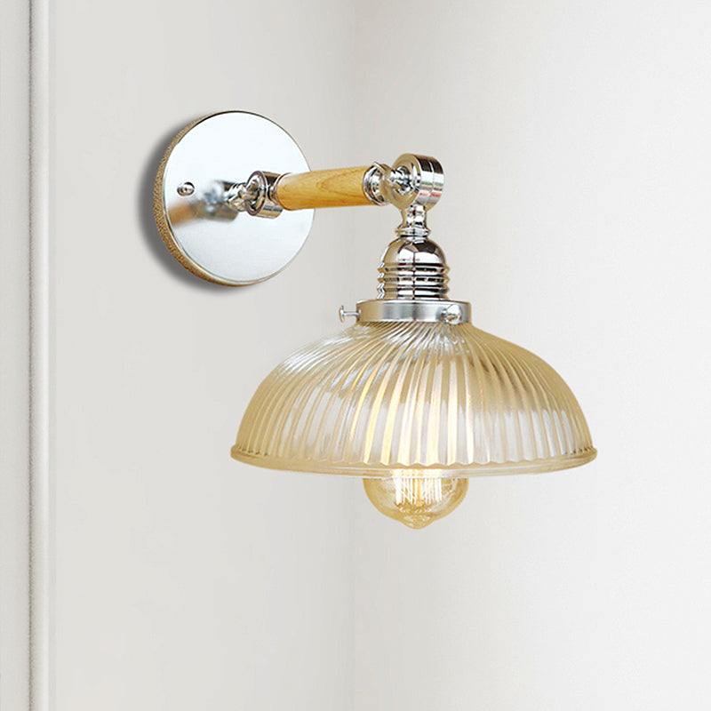 BowLift | Curved Living Room Wall Light Fixture Antique Stylish Ribbed Glass 1 Light Clear Wall Lamp for Hallway, 8"/4"/6" L Wooden Arm