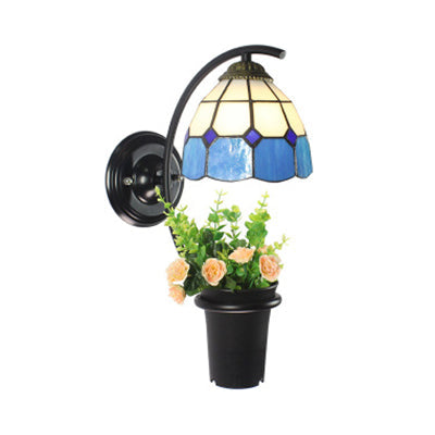 BowLift | Dome Wall Lamp Tiffany Colored Glass 1 Head Yellow/Clear/Blue Wall Lamp Fixture with Flower Decoration