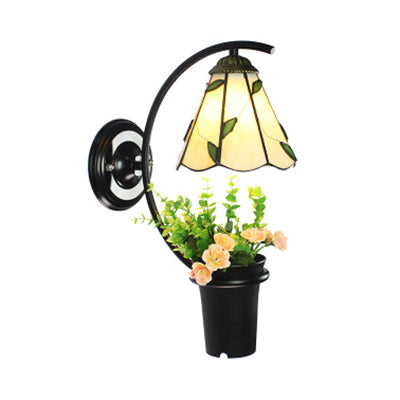 BowLift | Lily Wall Lamp Tiffany Beige/Clear Glass 1 Head Black Sconces Lighting with Flower Decoration