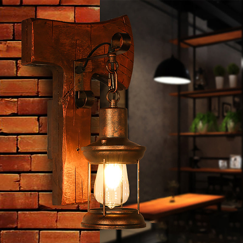 BowLift | Rust One-Light Wall Light Coastal Clear Glass Lantern Lighting Fixture with Wood Back Plate