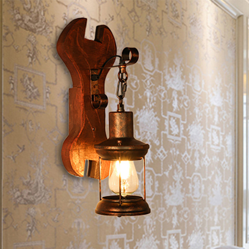 BowLift | Rust One-Light Wall Light Coastal Clear Glass Lantern Lighting Fixture with Wood Back Plate