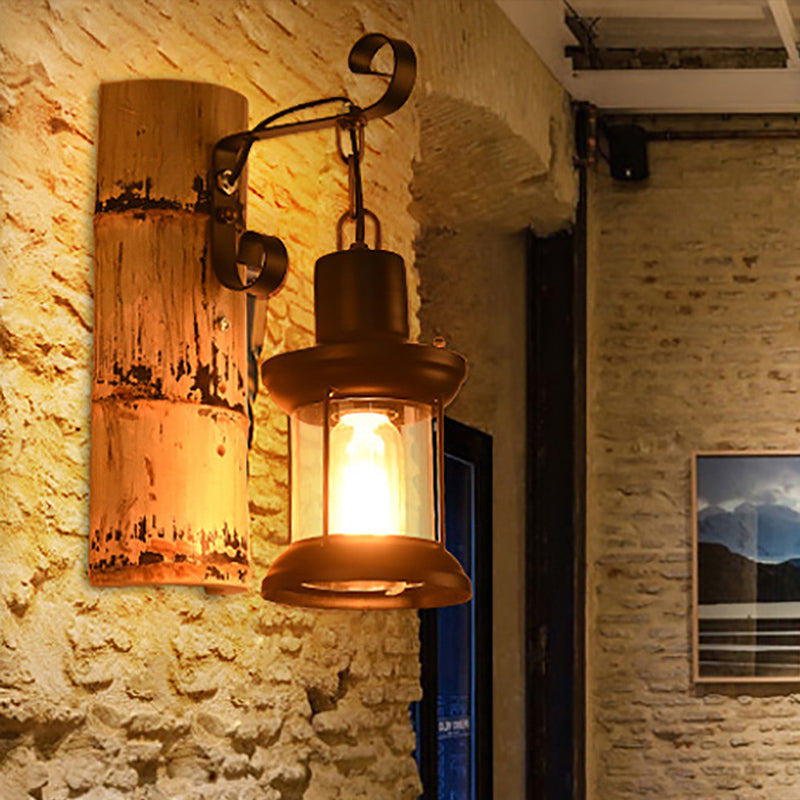 BowLift | A wall lamp with a clear glass lantern in industrial style, wall lamp for the dining room in black with a bamboo backplate