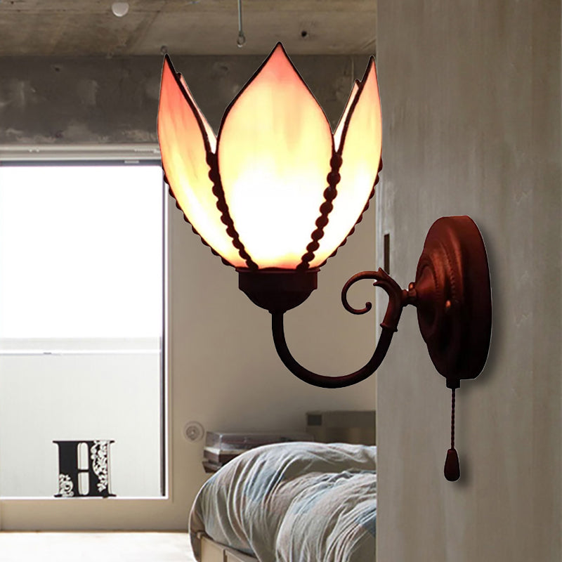 BowLift | A light Petal wall lighting with curved arm and pull chain, stained glass rustic wall lamp
