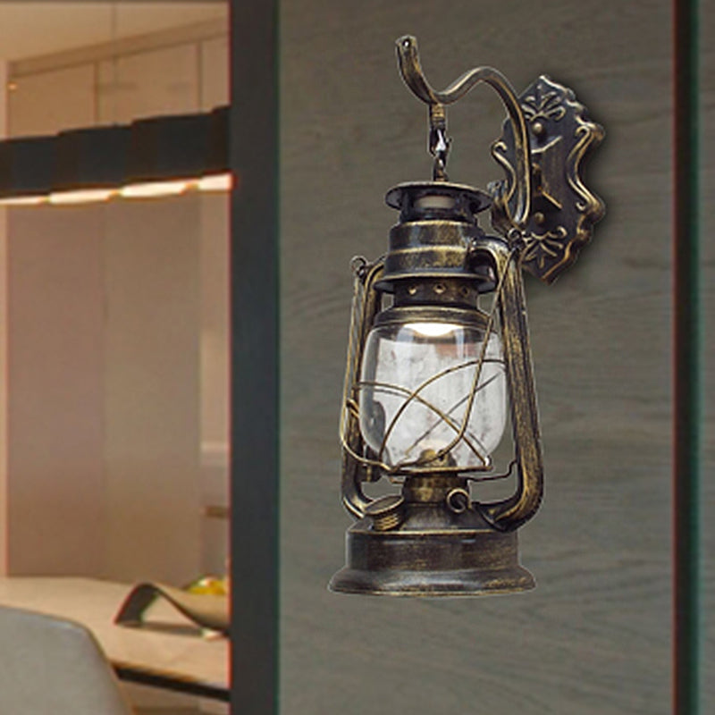 BowLift | Clear Glass Black/Antique Brass Wall Lamp Lantern 1-Light Coastal Light for Veranda