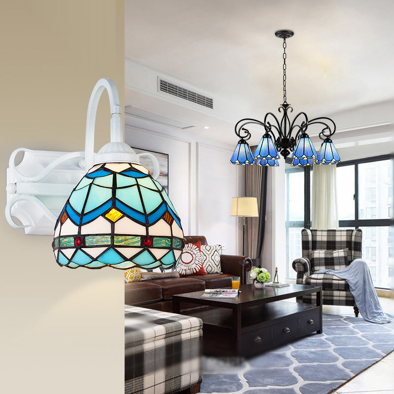 BowLift | Retro Style Dome Wall Light Stained Glass 1 Light Downward Lighting Wall Mounted Light in Beige/Blue/Blue-White/White