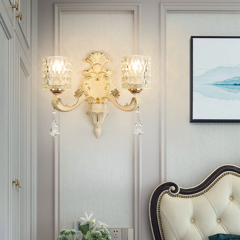 BowLift | Cylinder Wall Light Modern Clear Dimpled Glass 1/2 Heads Gold Wall Mounted Light with Crystal Drops