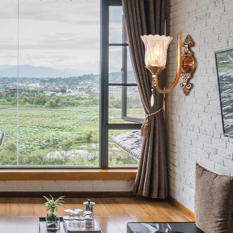 BowLift | Cognac Glass Flower Wall Mounted Light Vintage 1/2 Heads Brass Wall Light with Crystal Drops