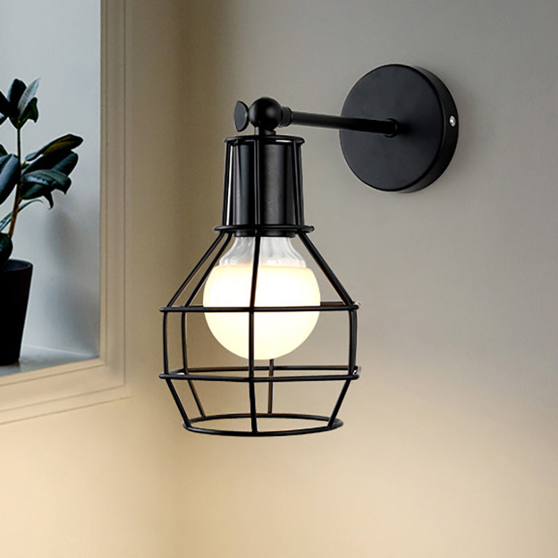 BowLift | Globe Bedroom Wall Light Lamp Metal 1 Head Industrial Style Rotatable Wall Lamp with Wire Guard in Black