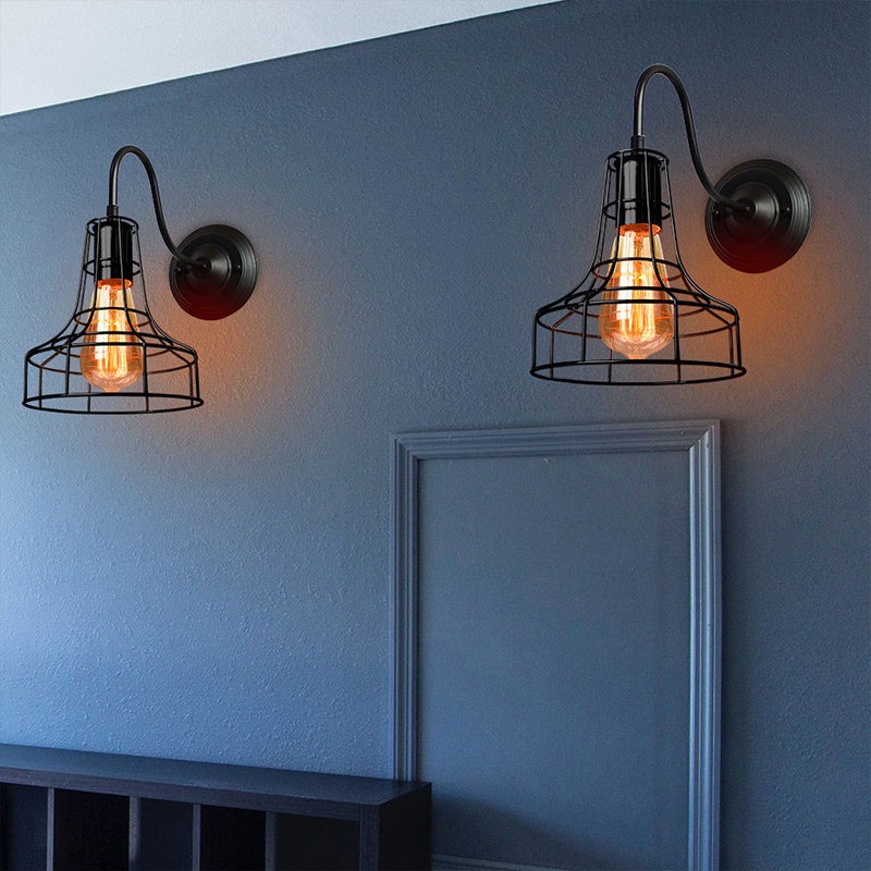 BowLift | Metal Shed Wall Lamp Industrial Style 1 Lamp Black Wall Mounted Lamp with Wire Frame and Gooseneck Arm