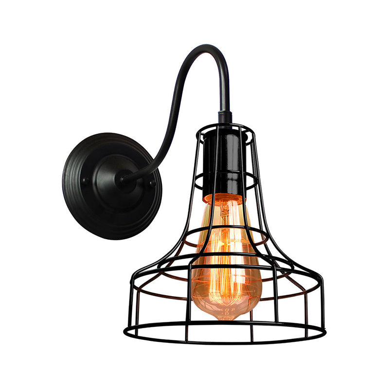 BowLift | Metal Shed Wall Lamp Industrial Style 1 Lamp Black Wall Mounted Lamp with Wire Frame and Gooseneck Arm