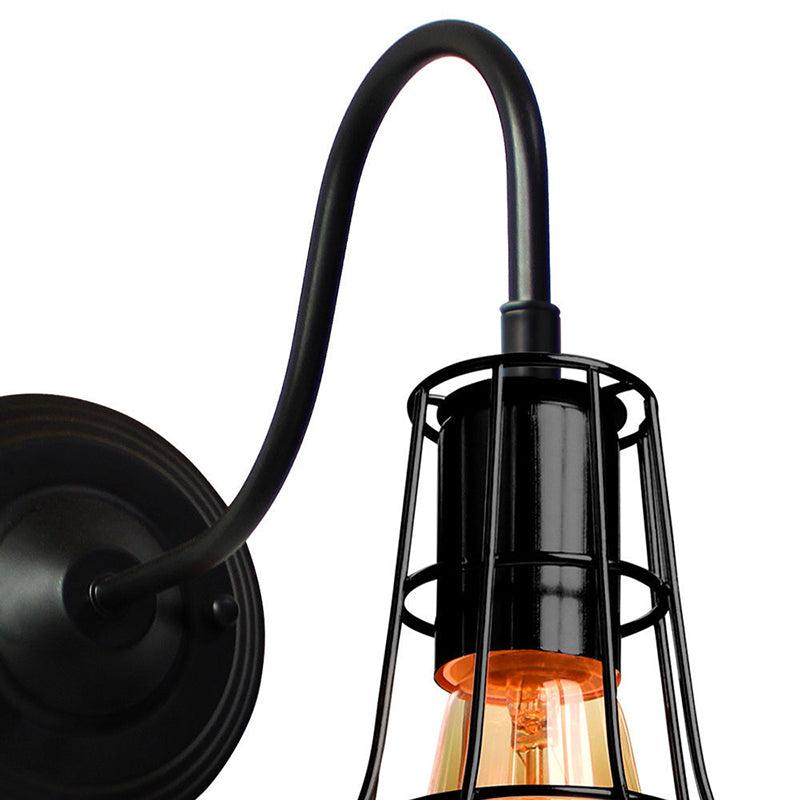 BowLift | Metal Shed Wall Lamp Industrial Style 1 Lamp Black Wall Mounted Lamp with Wire Frame and Gooseneck Arm