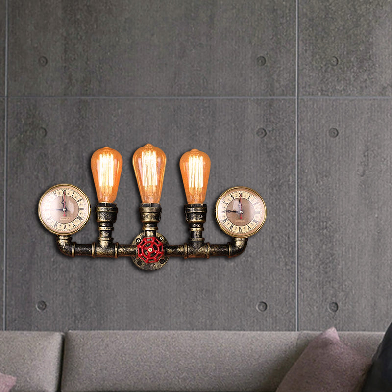 BowLift | Antique Brass Pipe Wall Lamp Rustic Stylish 3 Heads Wrought Iron Wall Lamp Fixture with Manometer and Valve Deco