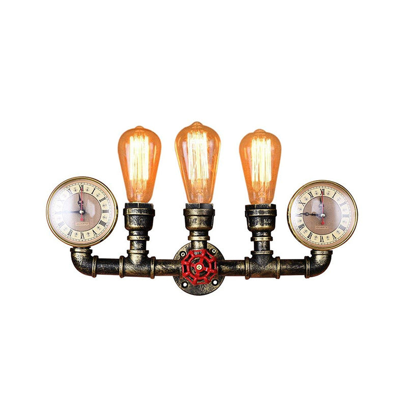 BowLift | Antique Brass Pipe Wall Lamp Rustic Stylish 3 Heads Wrought Iron Wall Lamp Fixture with Manometer and Valve Deco