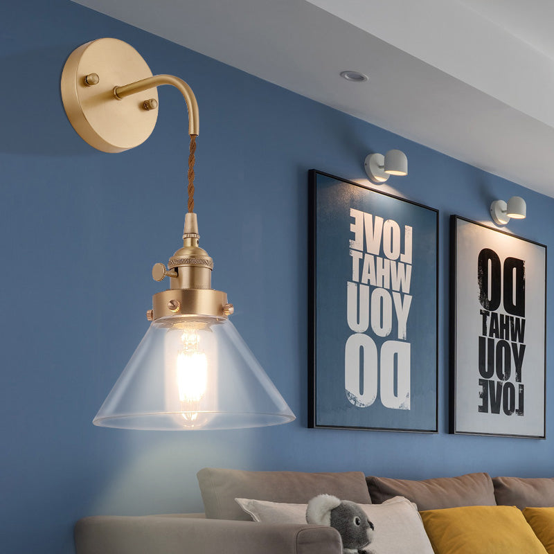BowLift | Clear Conical Glass Shade Wall Lamp Vintage Retro 1 Light Wall Lamp Wall Light in Brass