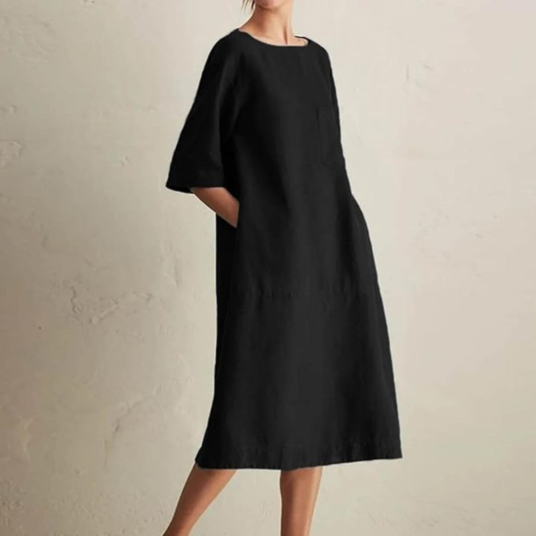 Knee-Length Linen Dress with Chest Pocket