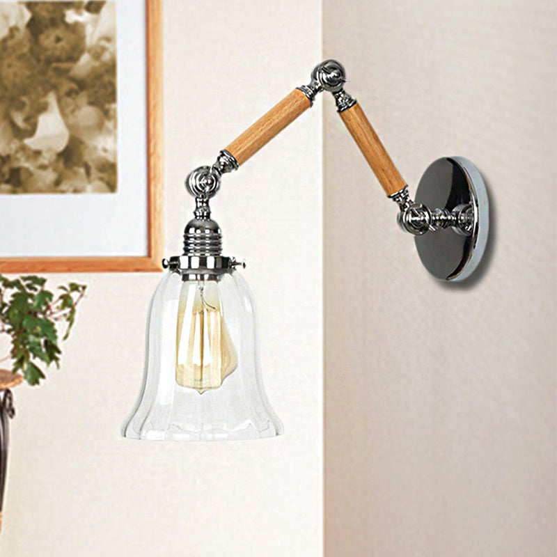 BowLift | Flared Living Room Wall Light Vintage Clear Glass Prism Glass 1 Light Chrome Wall Lamp with 8"+8"/6"+6"/8"+4" Wooden Arm