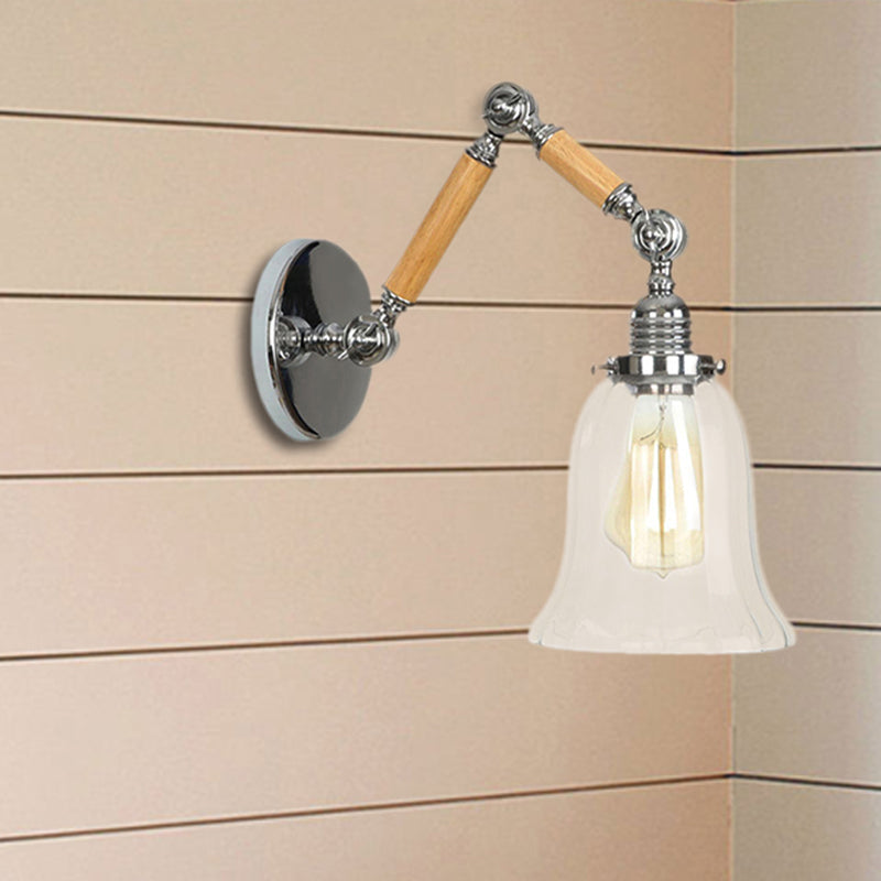 BowLift | Flared Living Room Wall Light Vintage Clear Glass Prism Glass 1 Light Chrome Wall Lamp with 8"+8"/6"+6"/8"+4" Wooden Arm