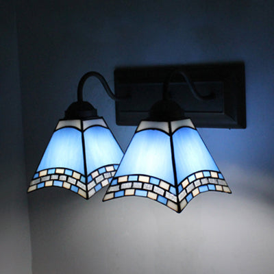 BowLift | Mediterranean Pyramid Wall Lamp 2 Heads Blue/Light Blue Glass Wall Lighting for Bedroom