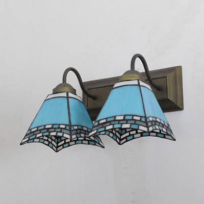 BowLift | Mediterranean Pyramid Wall Lamp 2 Heads Blue/Light Blue Glass Wall Lighting for Bedroom