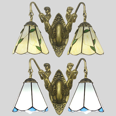 BowLift | Flared Wall Light 2 Heads White/Beige Glass Tiffany Wall Mount Lighting with Mermaid Backplate